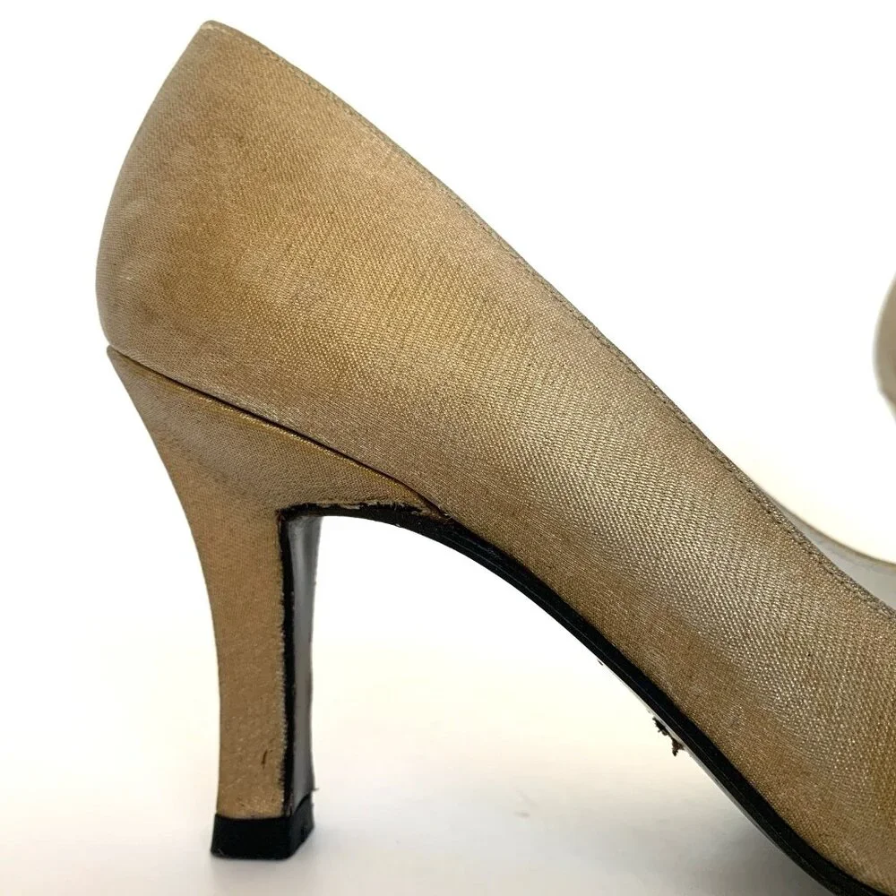 Stuart Weitzman Womans Size 5 1/2 B Gold Satin Square Toe Pumps High Heel Shoes - Picture 10 of 15
